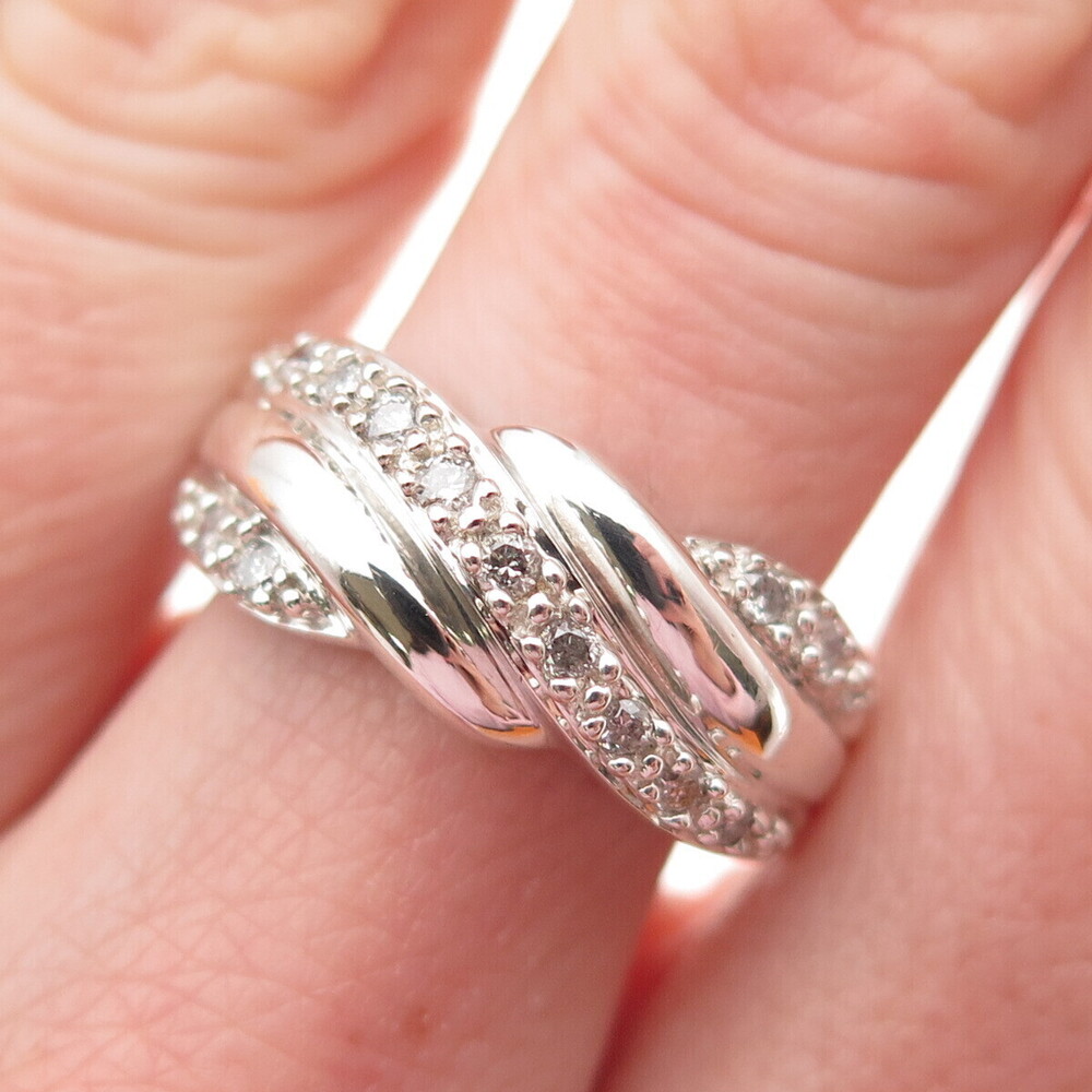 HENG NGAI 925 Sterling Silver Real Round-Cut Diamond Twisted Ring Size 8